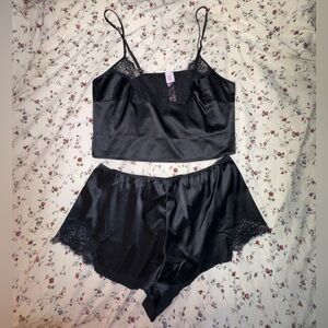 Black Satin Lace Trim Sleepwear Set - Savage Fenty